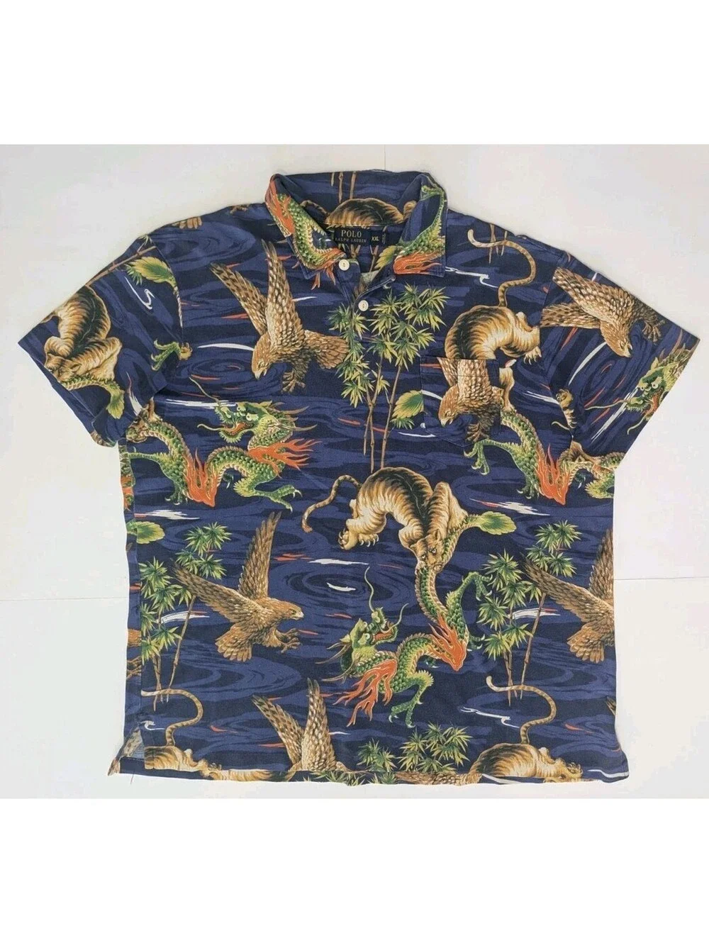 Vtg Polo Ralph Lauren Dragon Tiger Eagle Polo Shirt All Over Print Mens 2XL XXL